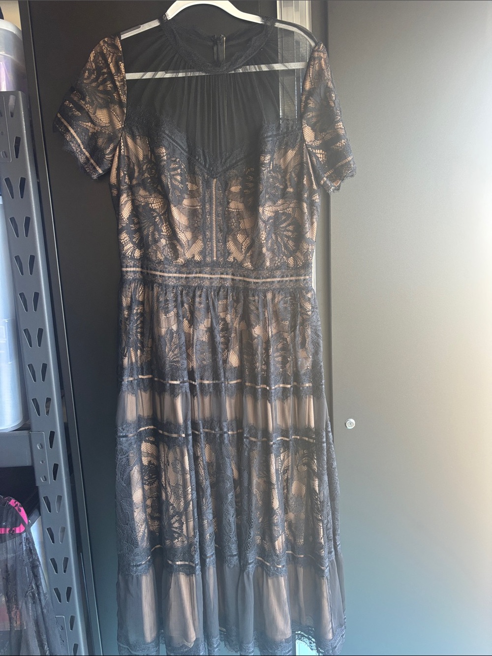 Black Lace Overlay Midi Dress with Nude Lining